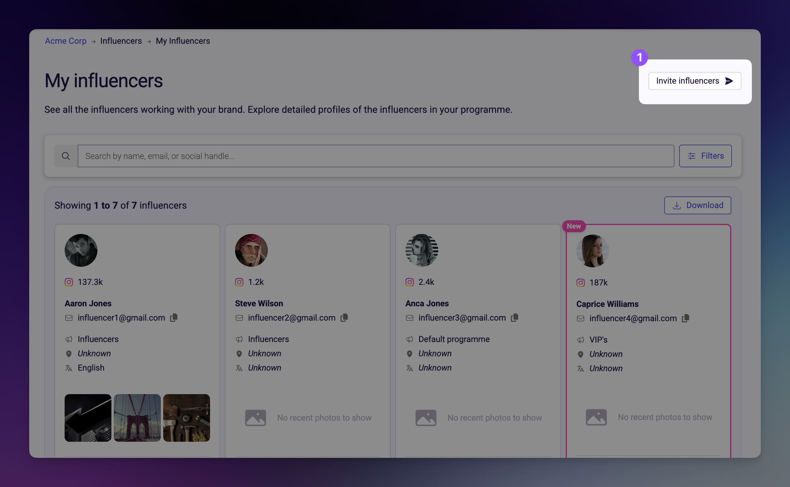My Influencers page with the Invite influencers button highlighted in the top-right corner