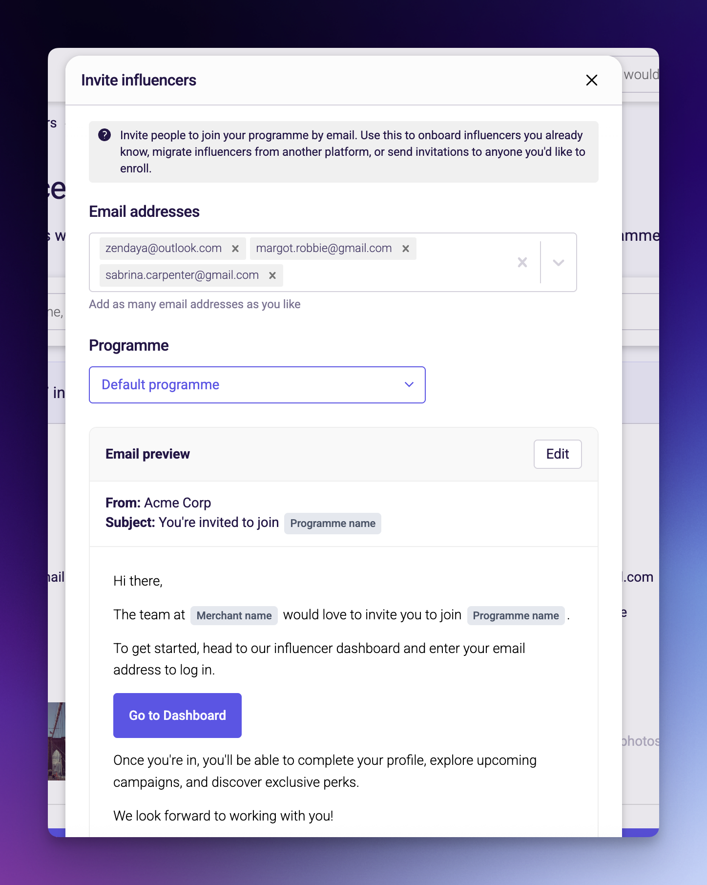 Invite modal showing the email input field with several email addresses entered
