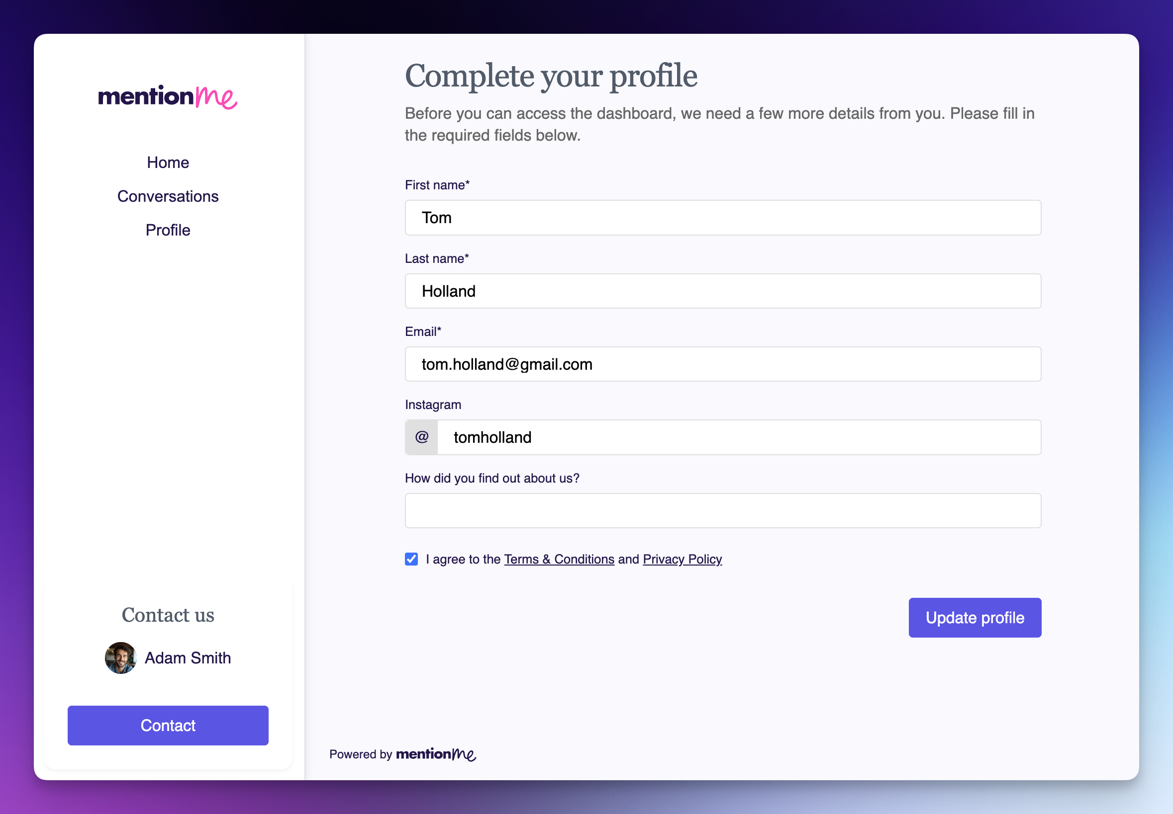 Profile completion gate with Complete your profile heading and registration form fields