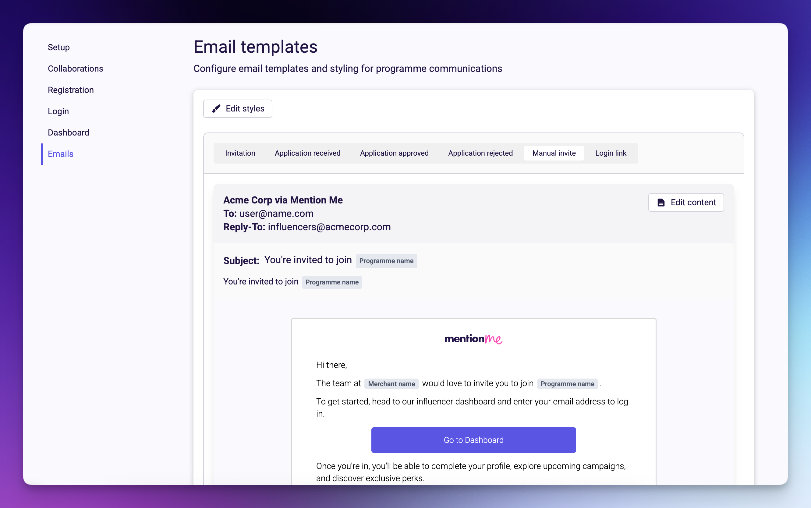 Programme Email Setup page with Manual invite email template highlighted
