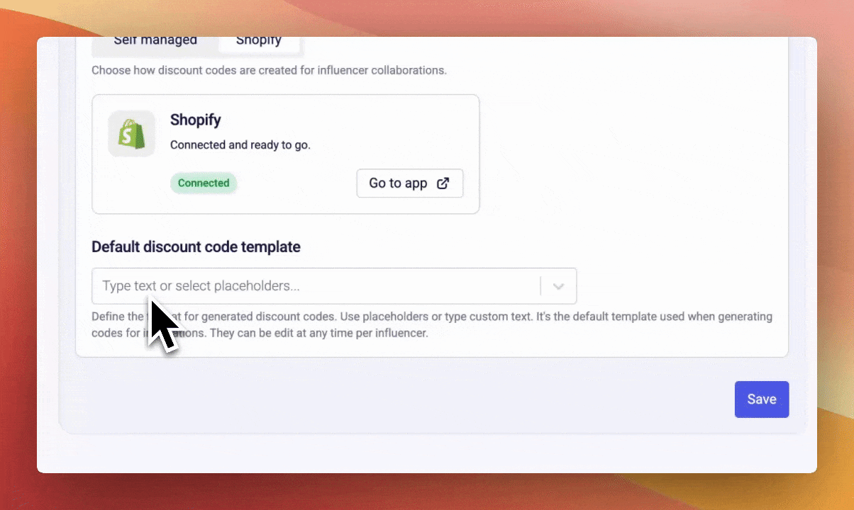 Default discount code template field with placeholders and preview example