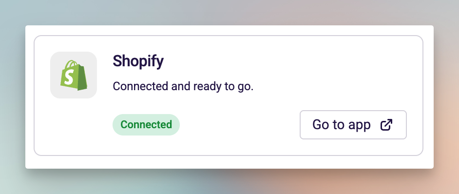 Shopify integration status card showing Connected state in Mention Me dashboard