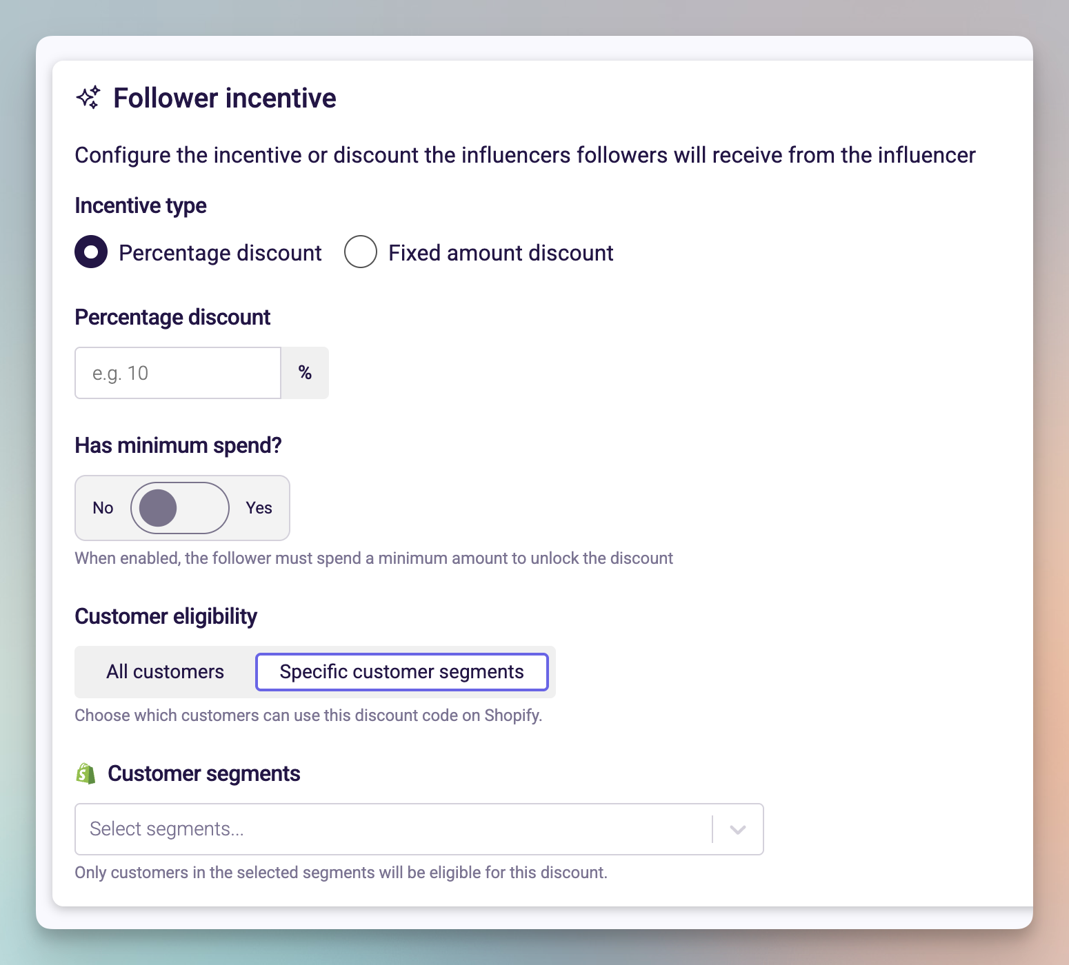 Collaboration wizard showing follower incentive configuration and customer eligibility settings