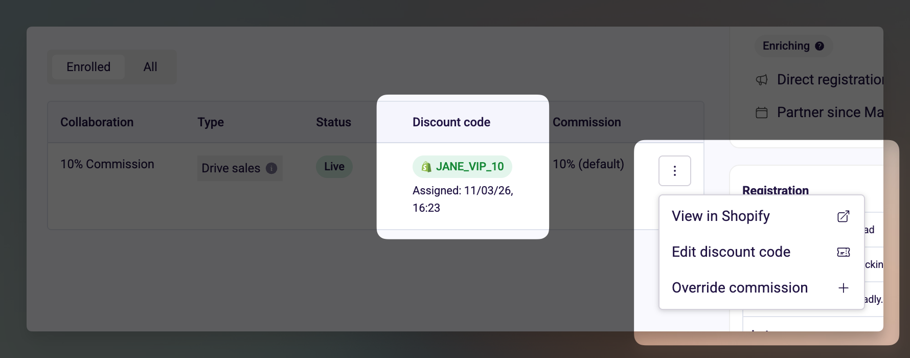 Influencer profile page showing Shopify discount code and View in Shopify option