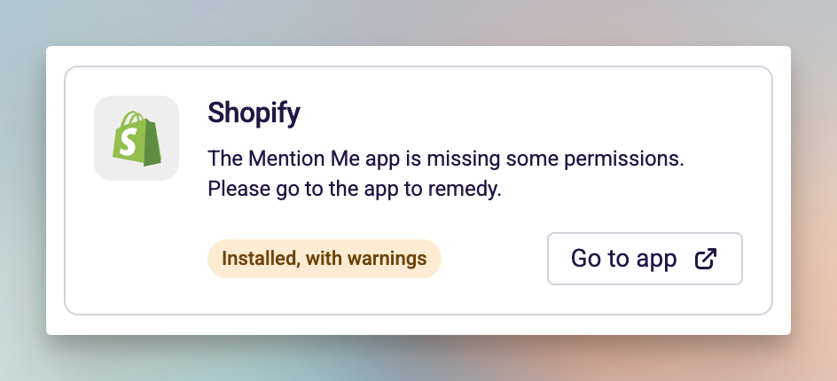 Integration card showing Installed with warnings status and Go to app button