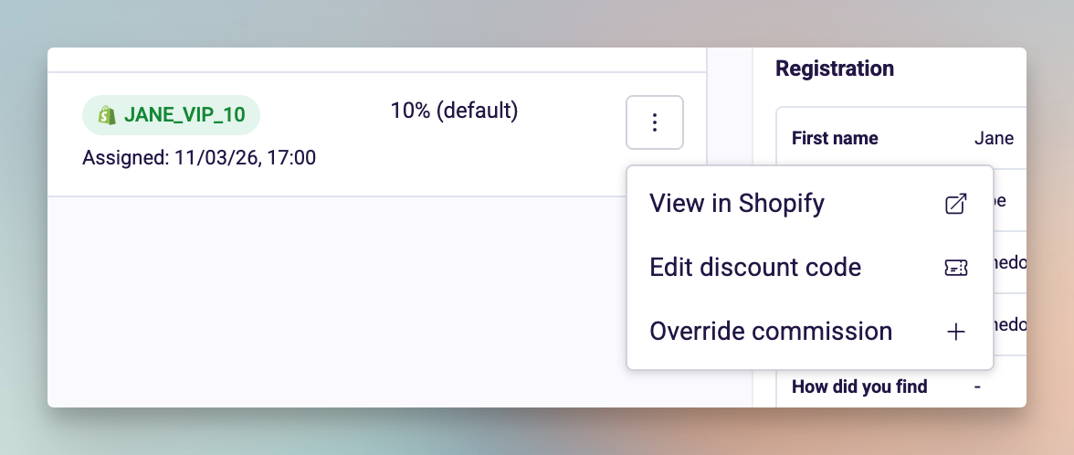 Actions menu in the Collaborations tab showing the Edit discount code option.