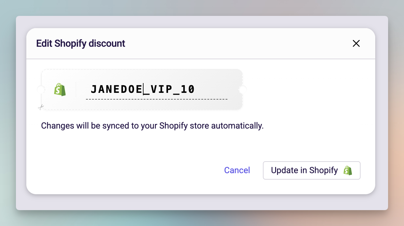 Edit discount code modal where a new code can be entered before saving.