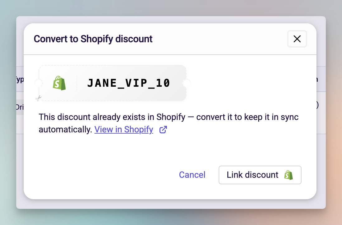 Modal indicating the discount already exists in Shopify with Link discount button