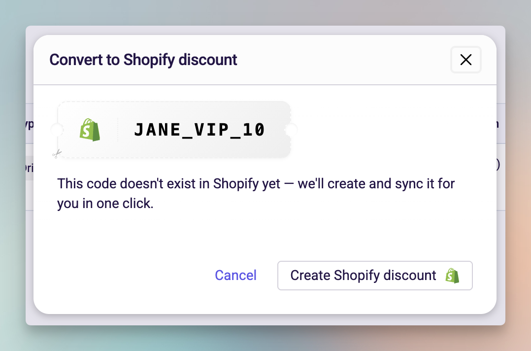 Convert modal explaining the code does not exist in Shopify with Create Shopify discount button
