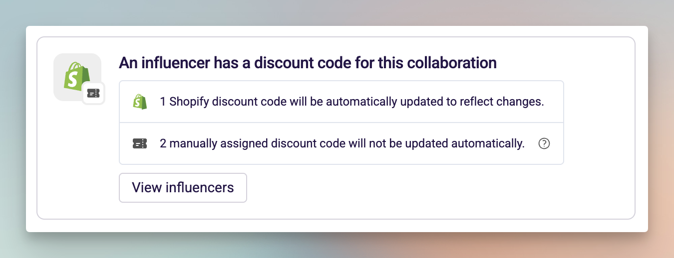 Coupon source card showing a mix of Shopify-managed and manually assigned discount codes with update status information.