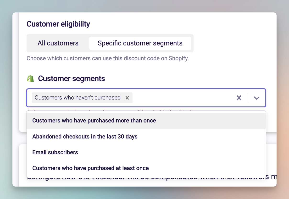 Customer eligibility section with 'Specific customer segments' selected and a segment dropdown displayed