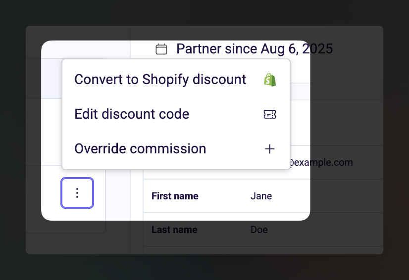 Actions menu showing Convert to Shopify discount option for a manually assigned influencer code